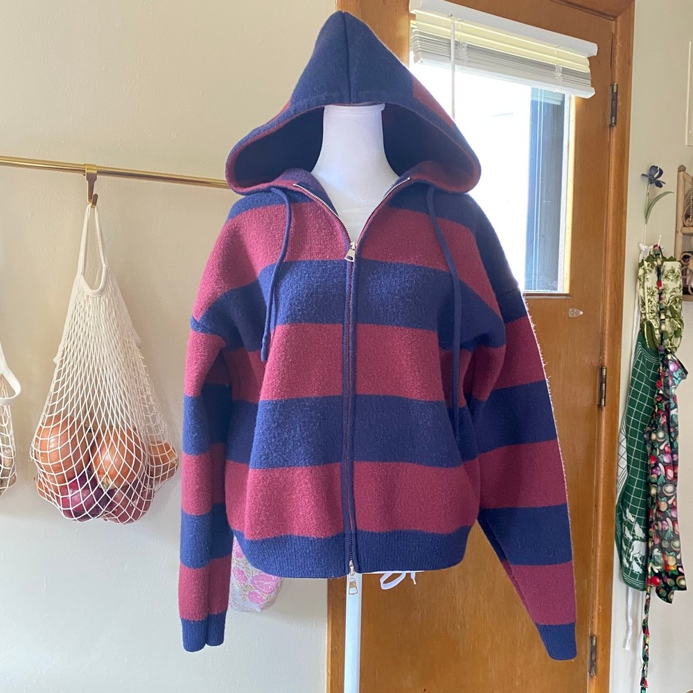 Aelfric Eden Wool Striped Knit Zip Up Red Hoodie Medium Preppy Grunge Y2K‎ Rugby